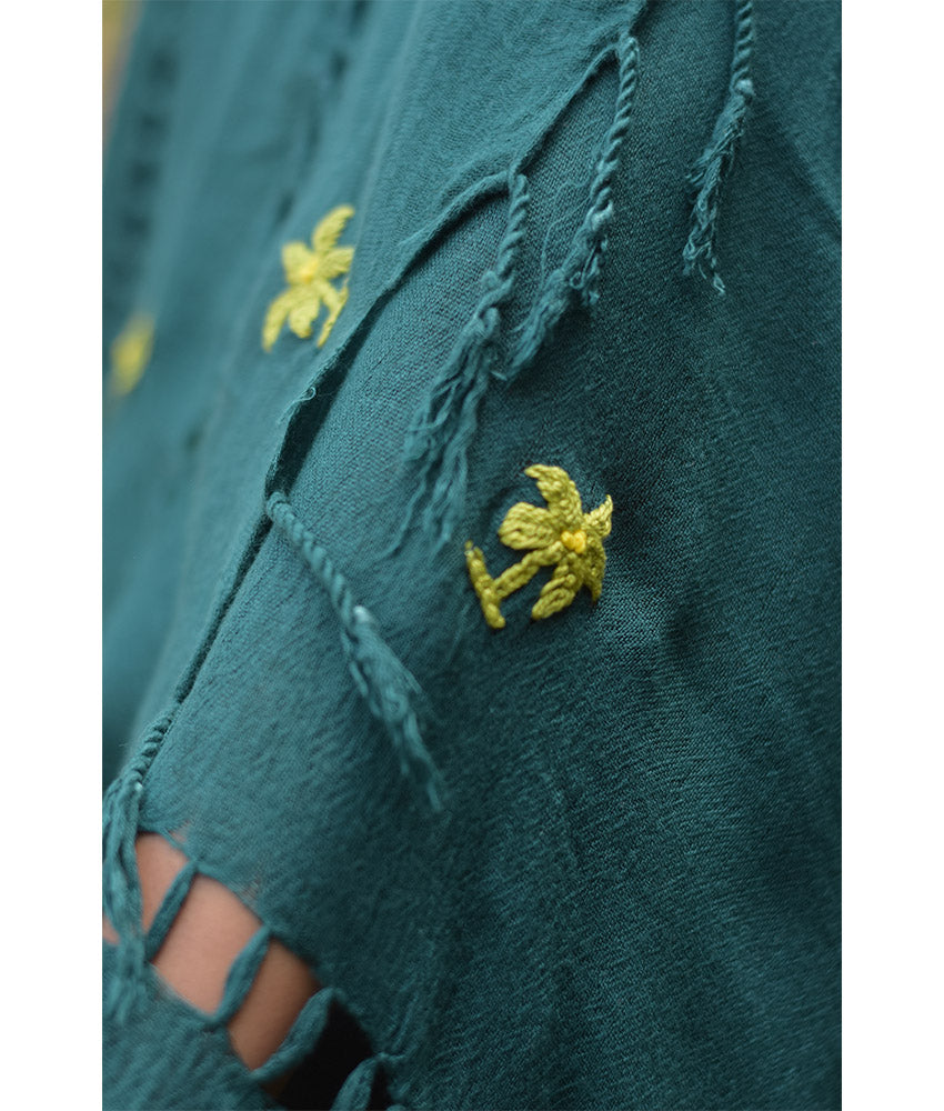 Teal Handwoven Viscose Shawl with Hand Embroideries Handmade in Egypt & available at Jozee Boutique