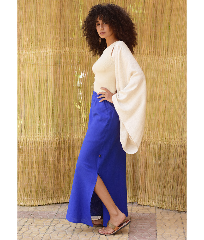 Electric Blue Linen Side-Slit Skirt with Elastic Waistband