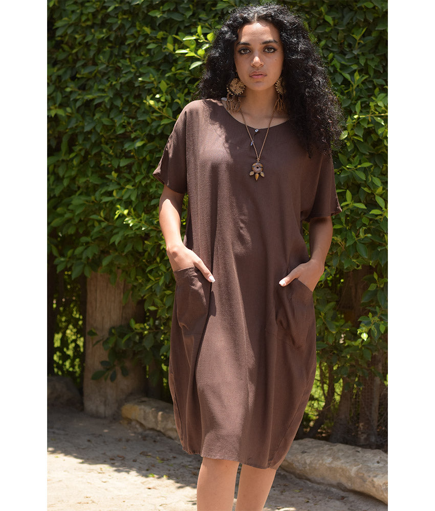 Chocolate Brown Relaxed-Fit Linen Midi Dress with Pockets handmade in Egypt & available at Jozee Boutique.