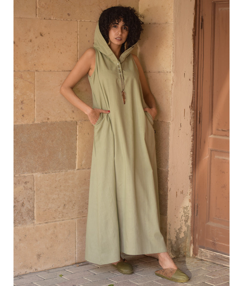 Light Olive Linen Dress with Hoodie handmade in Egypt & available at Jozee Boutique.