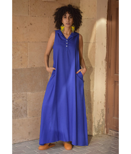 Electric Blue Linen Dress with Hoodie handmade in Egypt & available at Jozee Boutique.