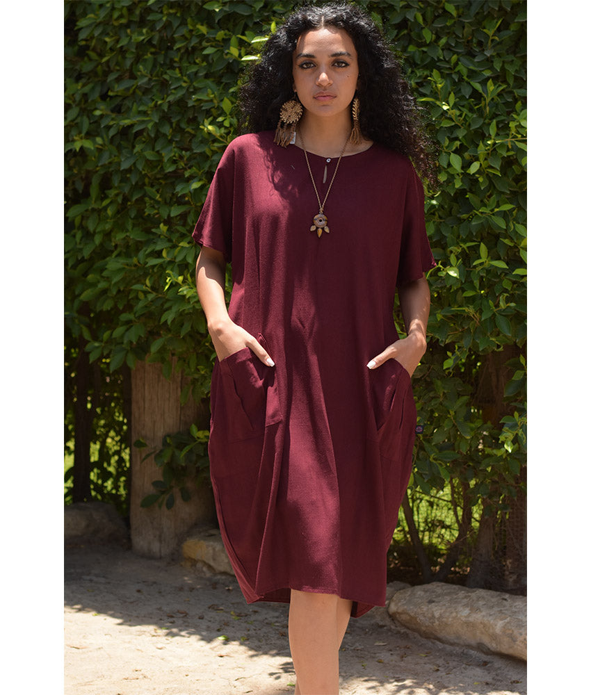 Burgundy Relaxed-Fit Linen Midi Dress with Pockets handmade in Egypt & available at Jozee Boutique.