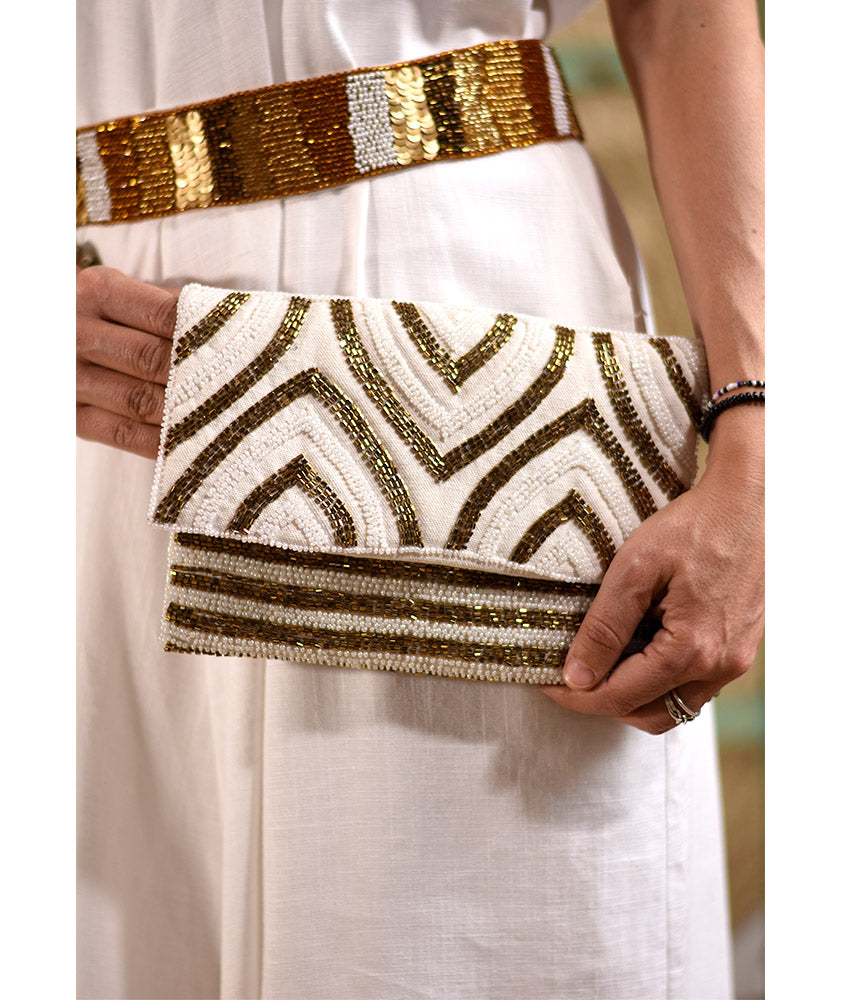 White & Gold Beaded Clutch handmade in Egypt & available at Jozee Boutique.
