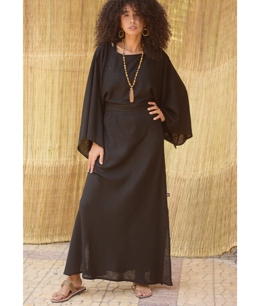 Black Linen Side-Slit Skirt with Elastic Waistband
