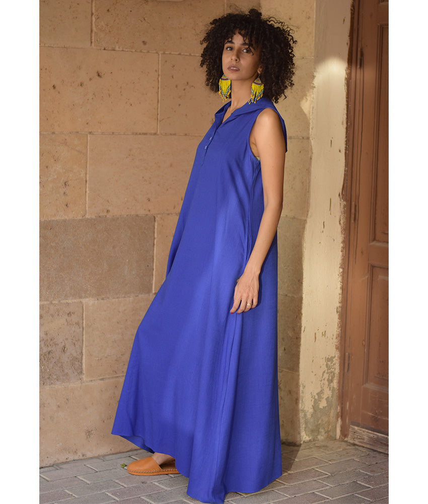 Electric Blue Linen Dress with Hoodie handmade in Egypt & available at Jozee Boutique.