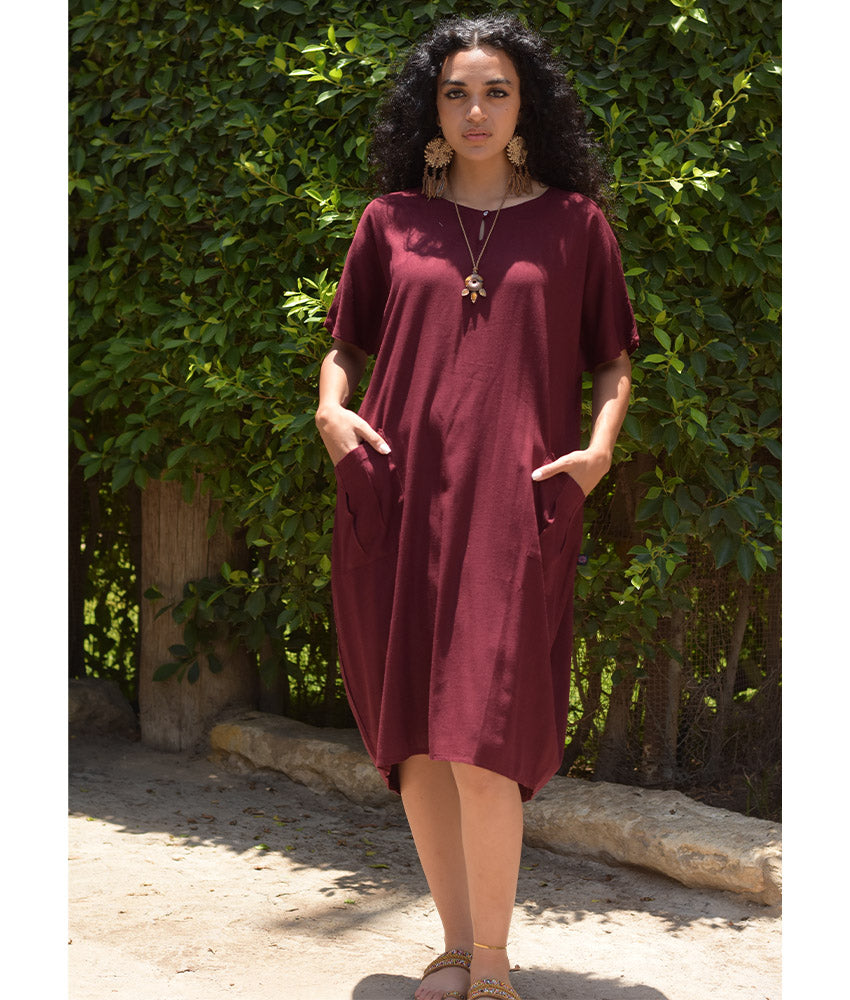 Burgundy Relaxed-Fit Linen Midi Dress with Pockets handmade in Egypt & available at Jozee Boutique.