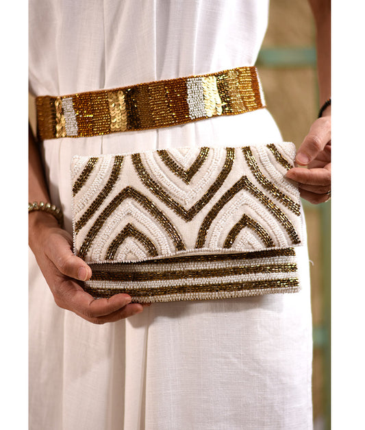 White & Gold Beaded Clutch handmade in Egypt & available at Jozee Boutique.