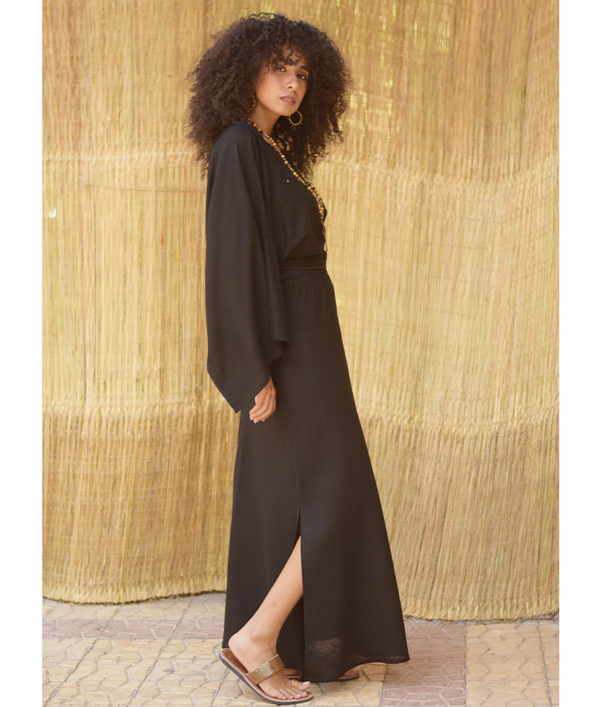 Black Linen Side-Slit Skirt with Elastic Waistband