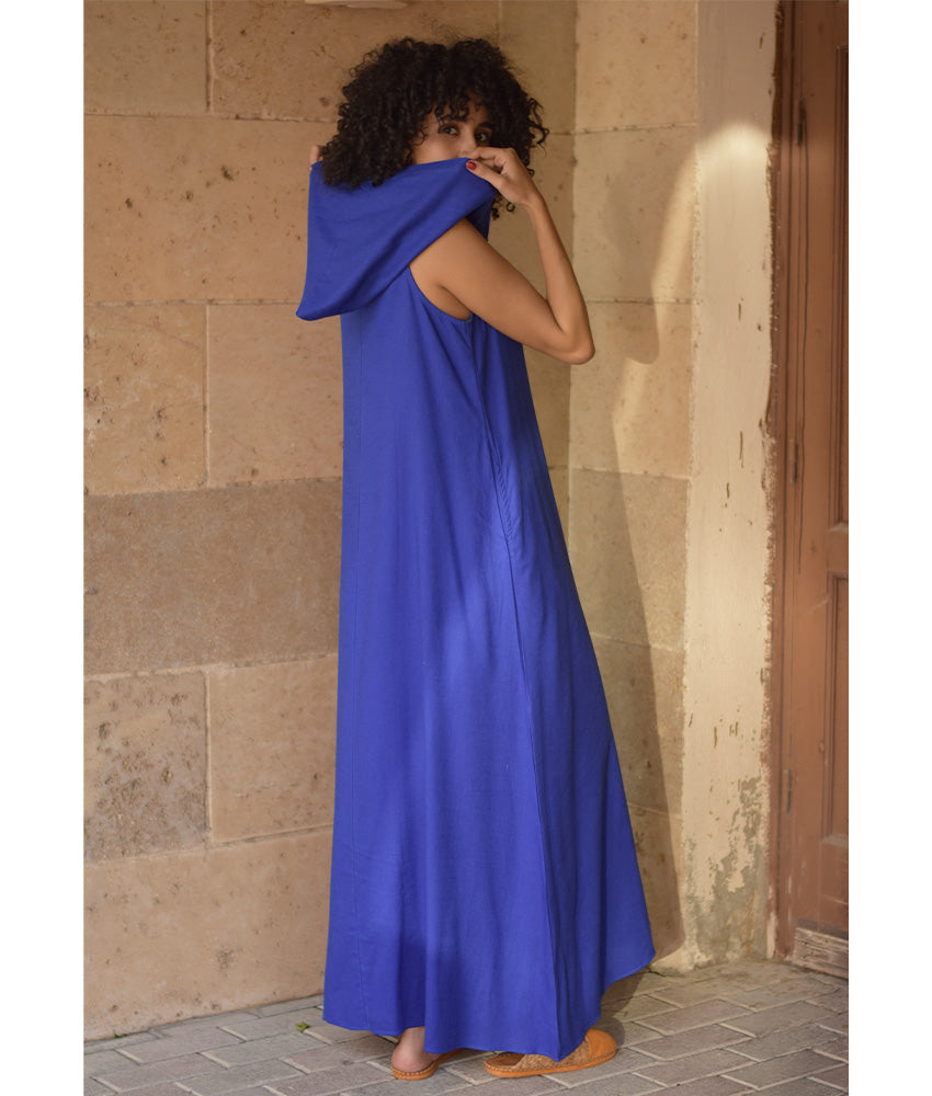 Electric Blue Linen Dress with Hoodie handmade in Egypt & available at Jozee Boutique.
