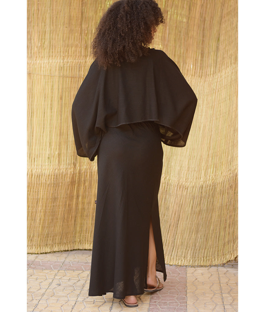 Black Linen Side-Slit Skirt with Elastic Waistband