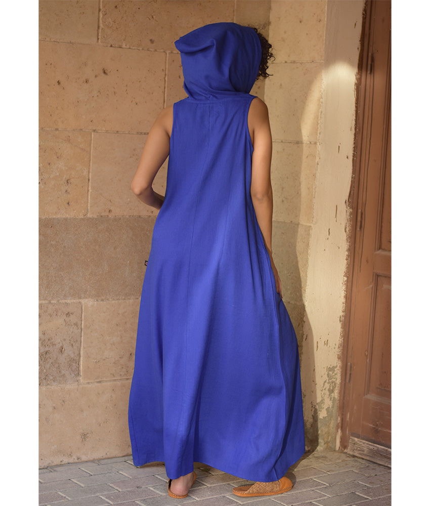 Electric Blue Linen Dress with Hoodie handmade in Egypt & available at Jozee Boutique.