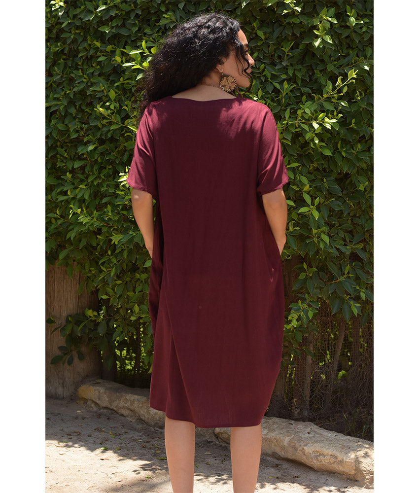 Burgundy Relaxed-Fit Linen Midi Dress with Pockets handmade in Egypt & available at Jozee Boutique.