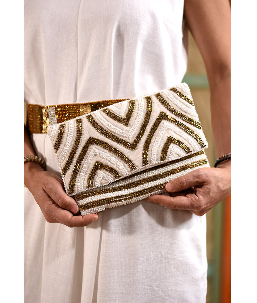 White & Gold Beaded Clutch handmade in Egypt & available at Jozee Boutique.