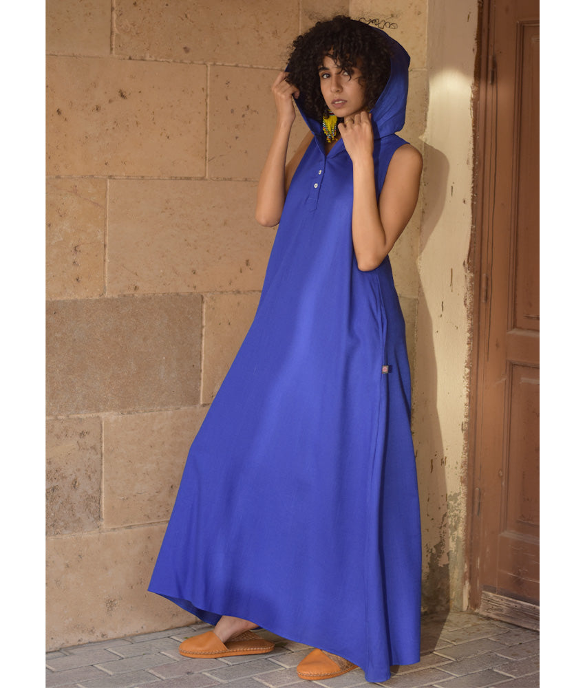 Electric Blue Linen Dress with Hoodie handmade in Egypt & available at Jozee Boutique.