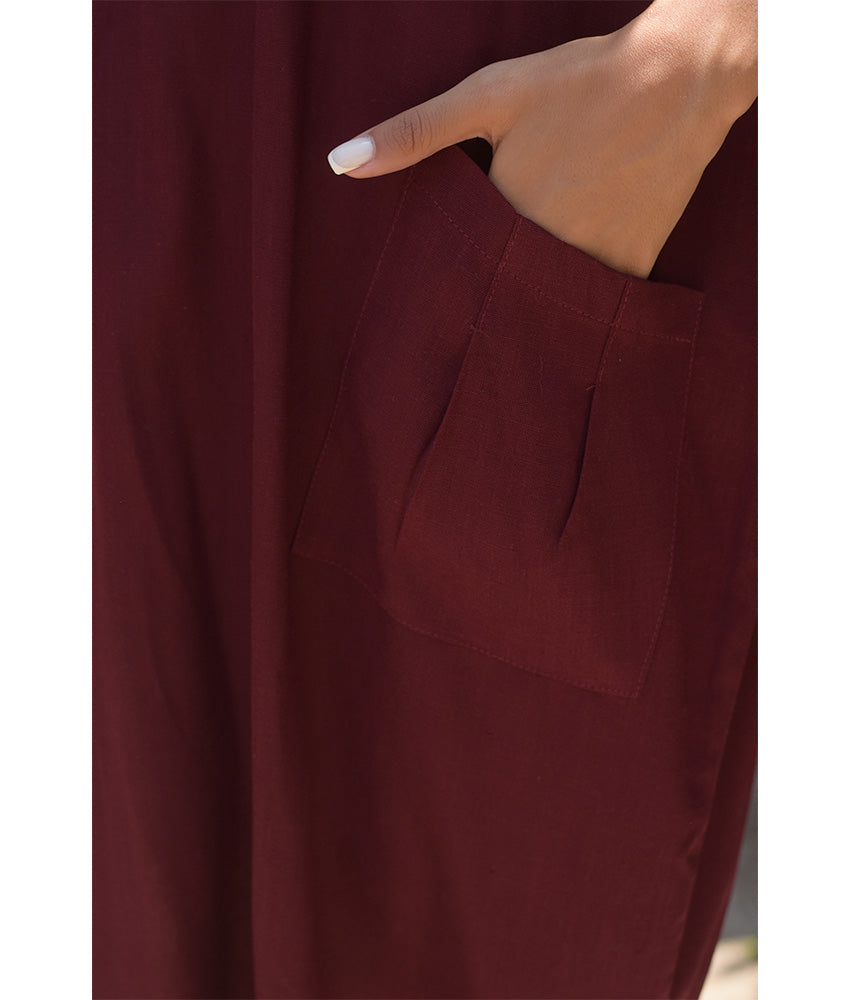 Burgundy Relaxed-Fit Linen Midi Dress with Pockets handmade in Egypt & available at Jozee Boutique.