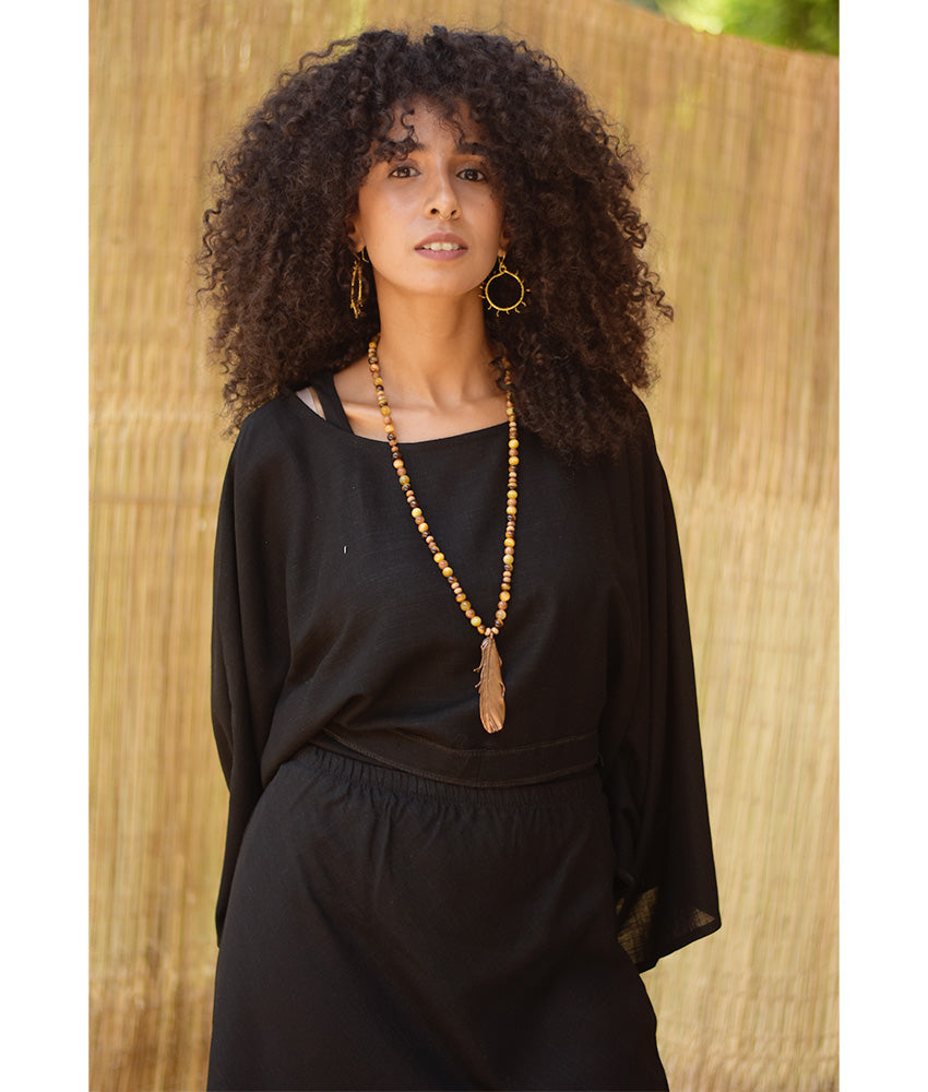 Black Linen Side-Slit Skirt with Elastic Waistband