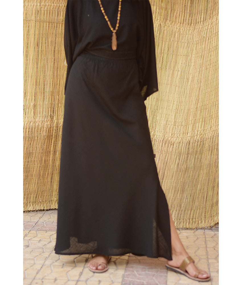 Black Linen Side-Slit Skirt with Elastic Waistband