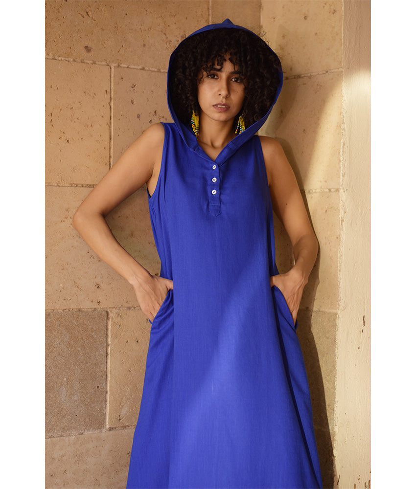 Electric Blue Linen Dress with Hoodie handmade in Egypt & available at Jozee Boutique.
