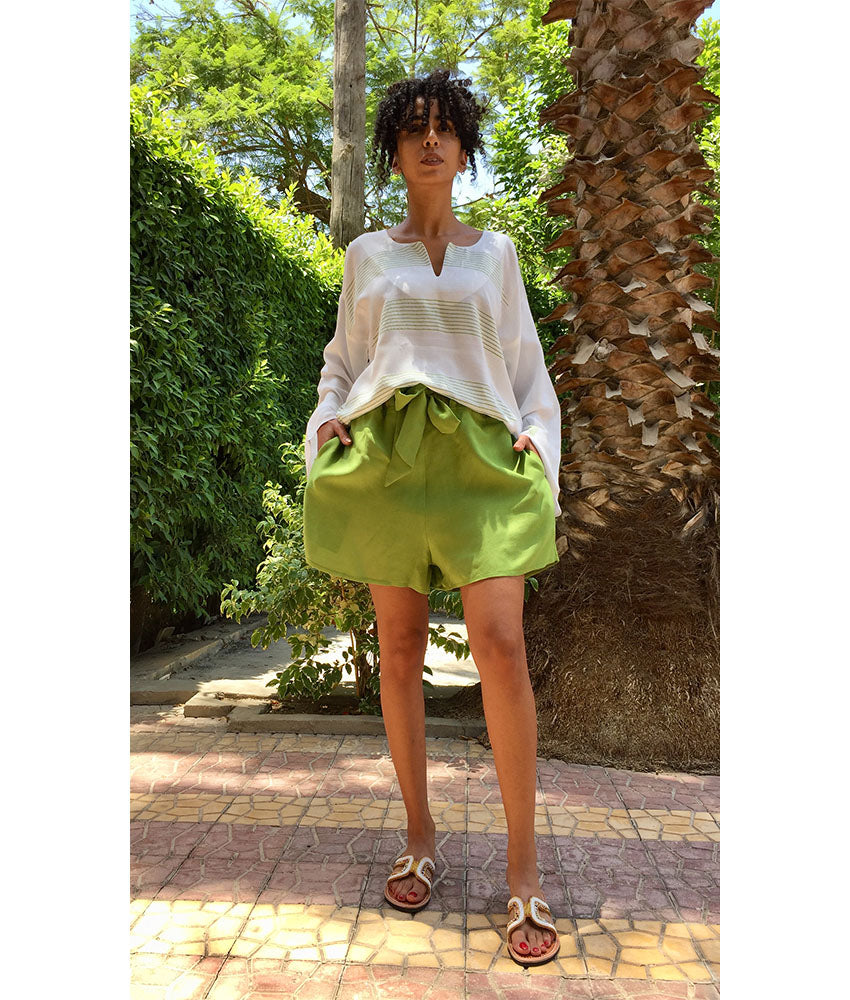 Apple Green Adjustable Viscose Shorts handmade in Egypt & available in Jozee boutique