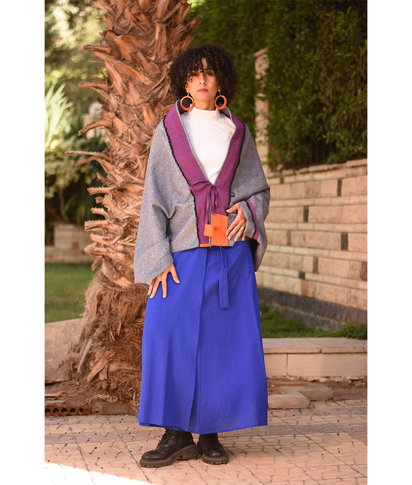 Grey & Purple Thin Wool Bolero with Silk & Cotton Loom Woven Patches handmade in Egypt & available at Jozee Boutique.