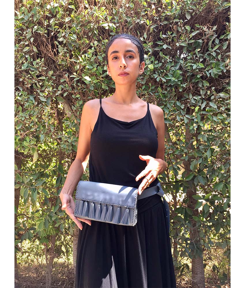 Light grey Genuine Leather waist Bag handmade in Egypt and available at Jozee Boutique.