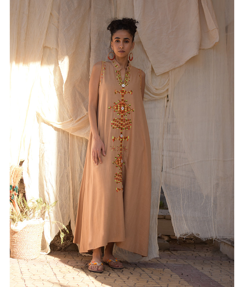 Dark Beige Siwa Embroidered Linen Japanese Dress handmade in Egypt & available at Jozee Boutique.