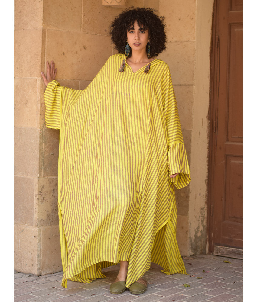 Yellow & Purple Stripped Viscose Kaftan with Hoodie handmade in Egypt & available at Jozee Boutique.