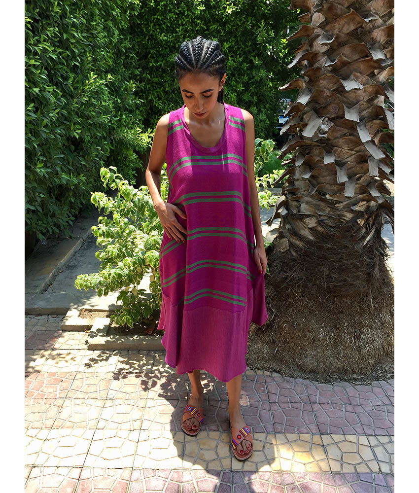 Purple & Green Viscose Midi Sleeveless Dress Handmade in Egypt & available in Jozee boutique