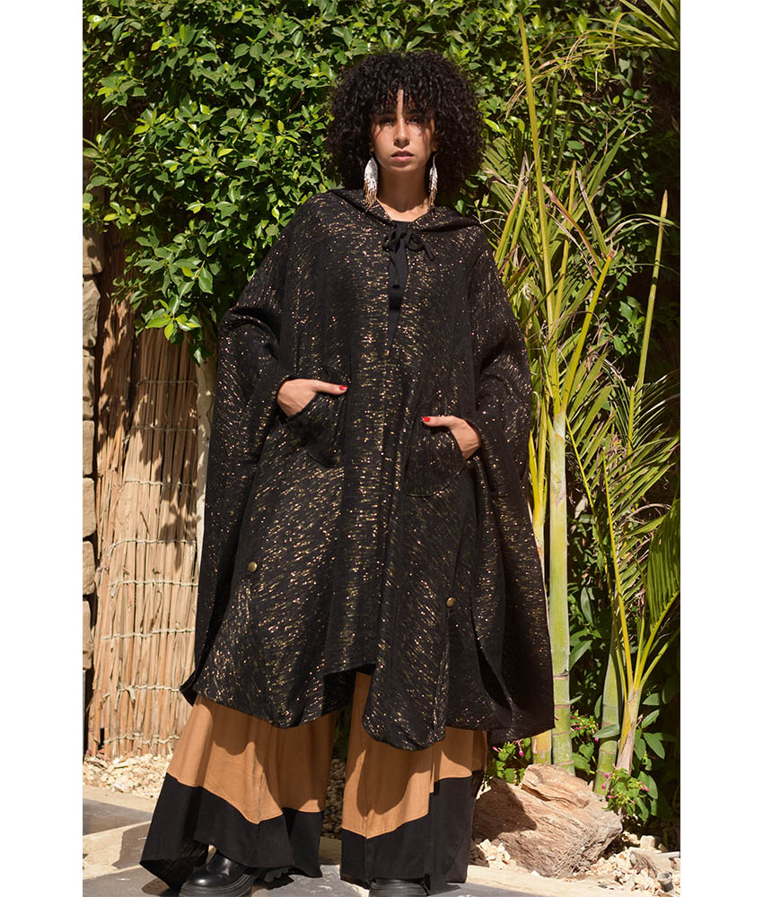 Black & Gold Handwoven Heavy Cotton Midi Cape handmade in Egypt & available at Jozee Boutique.handmade in Egypt & available at Jozee Boutique.