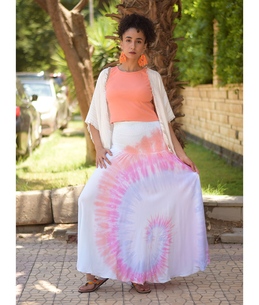 Shades of Light Blue Tie Dyed Maxi Skirt handmade in Egypt & available at Jozee Boutique.