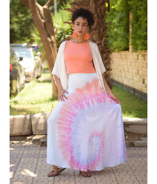 Shades of Light Blue Tie Dyed Maxi Skirt handmade in Egypt & available at Jozee Boutique.