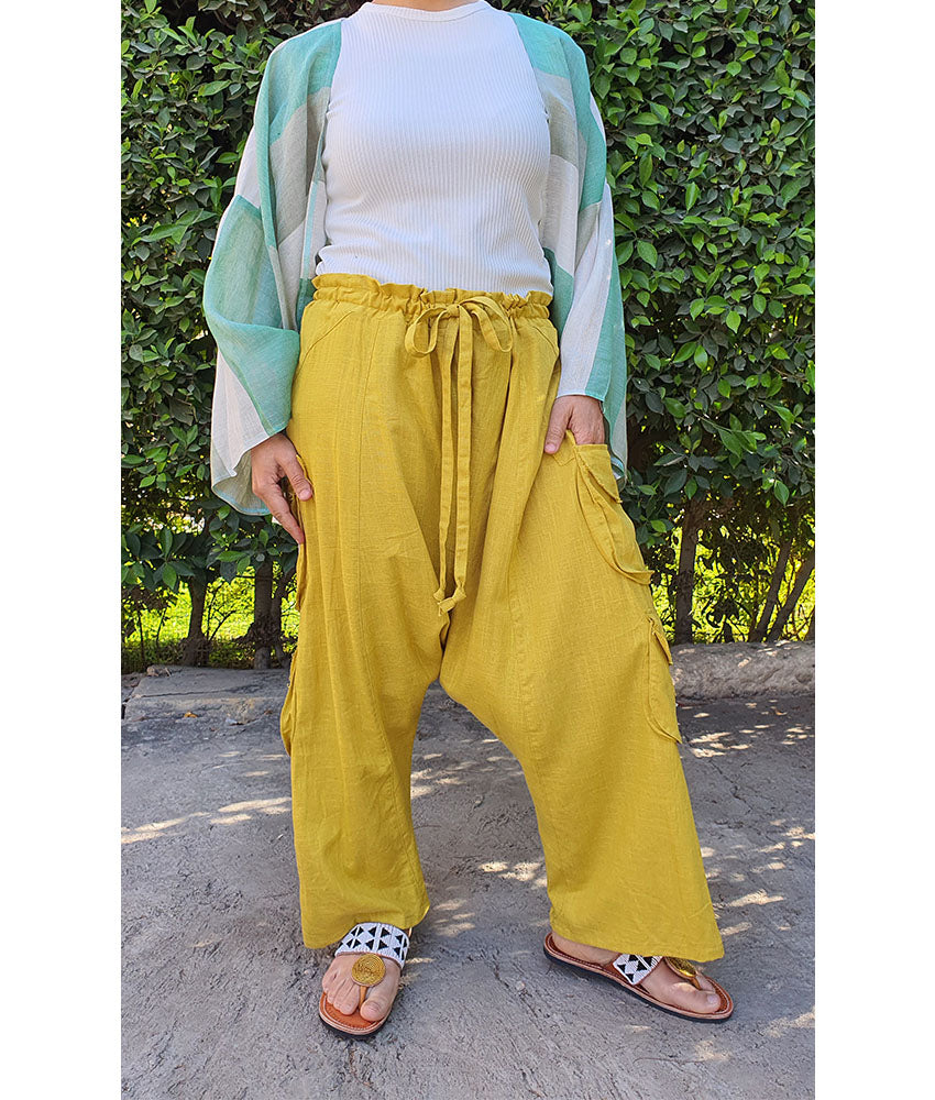 Mustard Linen Baggy Harem Pants handmade in Egypt & available in Jozee Boutique