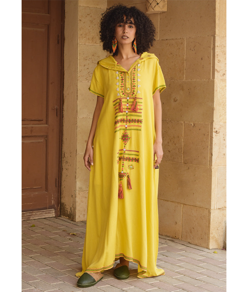 Mustard Siwa Embroidered Linen Dress with Hoodie handmade in Egypt & available at Jozee Boutique.