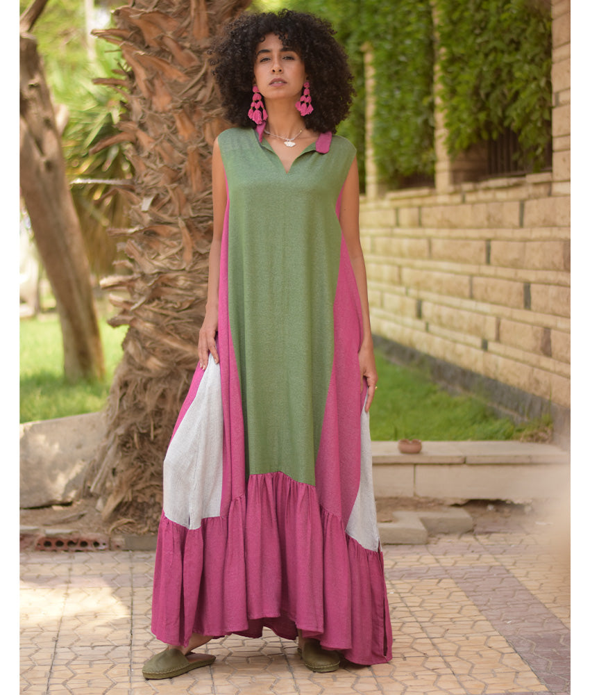 Green & Fuchsia Pink Handwoven Ruffle Dress handmade in Egypt & available at Jozee Boutique.