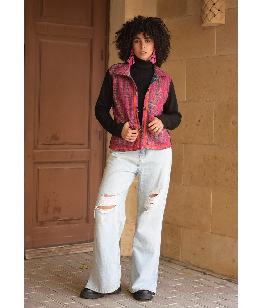 Black & Fuchsia Cropped Akhmim Loomwoven Jacket handmade in Egypt & available at Jozee Boutique.handmade in Egypt & available at Jozee Boutique.