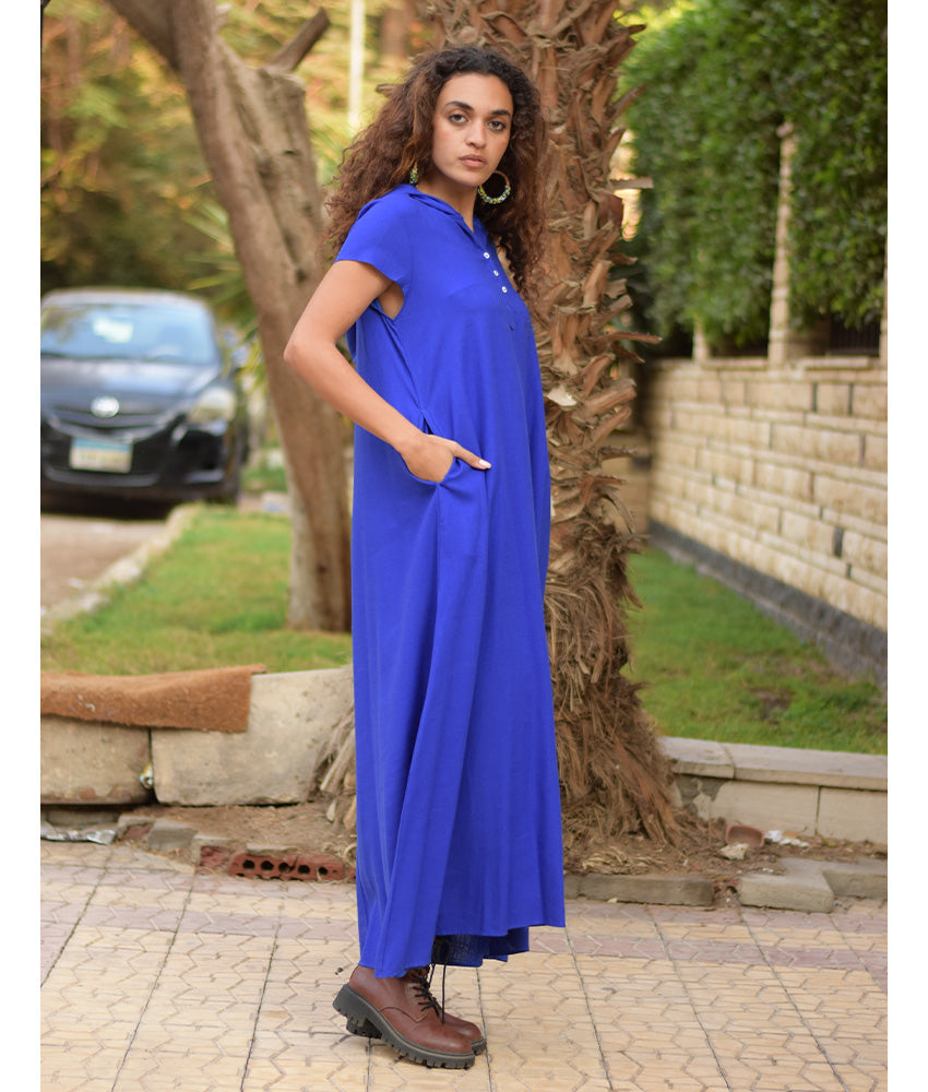 Electric Blue Linen Dress with Hoodie handmade in Egypt & available at Jozee Boutique.