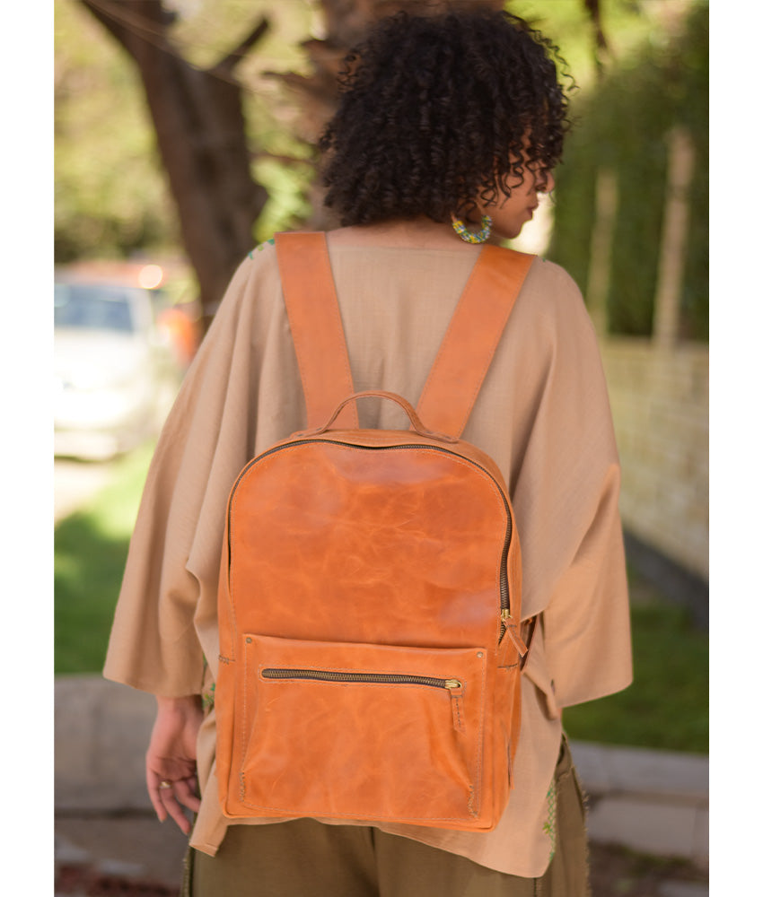 Camel Genuine Leather backpack handmade in Egypt and available at Jozee Boutique.
