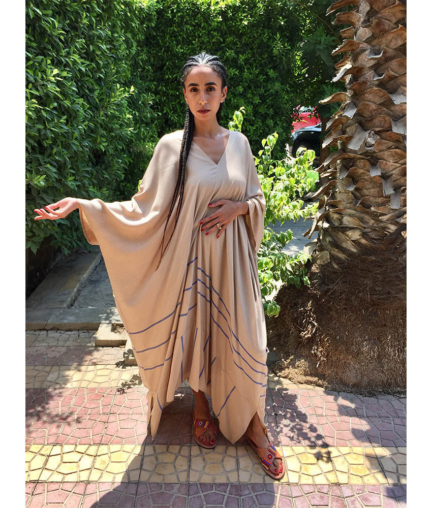 Beige & Blue Handwoven Viscose Long Kaftan Handwoven Viscose Top made in Egypt & available in Jozee boutique