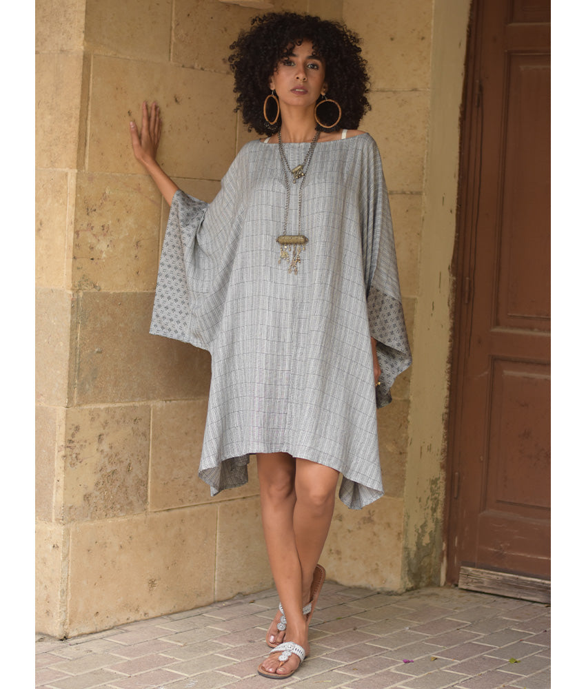 Grey Viscose Midi Dress with Inspired Pattern handmade in Egypt & available at Jozee Boutique.