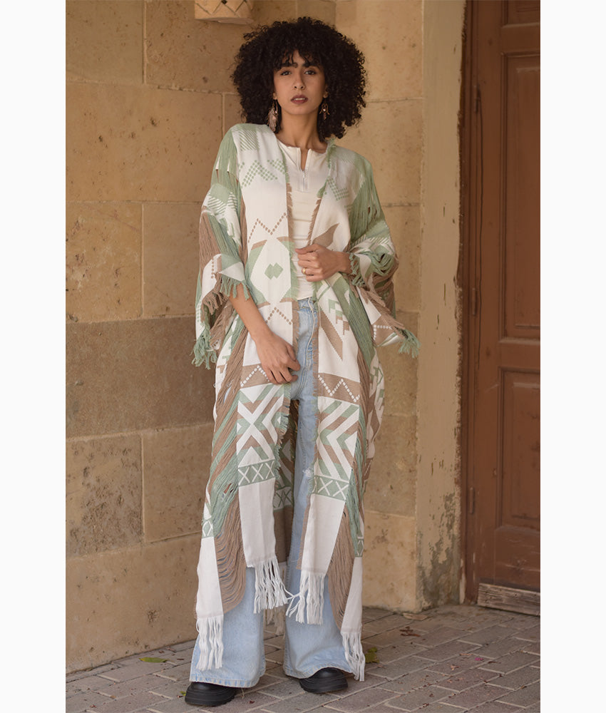 Olive & White Kimono Handmade in Egypt & available at Jozee Boutique