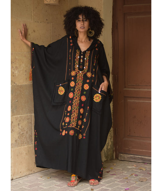 Black Siwa Embroidered Linen Kaftan with Hoodie handmade in Egypt & available at Jozee Boutique.