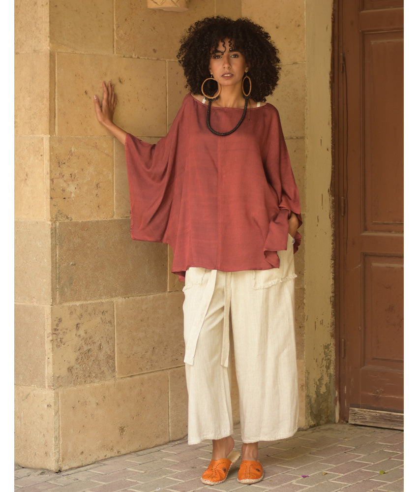 Brick Red Viscose Oversized Top with Flowing Silhouette handmade in Egypt & available at Jozee Boutique.