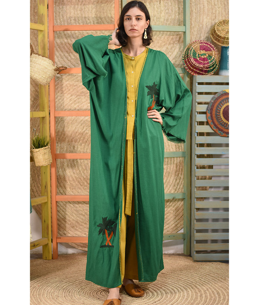 Green Embroidered Handwoven Linen Cardigan handmade in Egypt & available at Jozee boutique