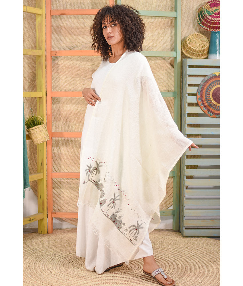 White Embroidered Linen Shawl handmade in Egypt & available at Jozee Boutique