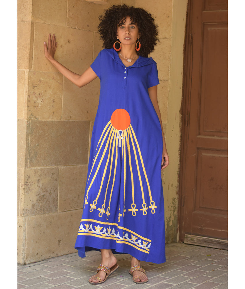 Electric Blue Linen Dress with Khyamia Ancient Egyptian Crafts Patchwork handmade in Egypt & available at Jozee Boutique.