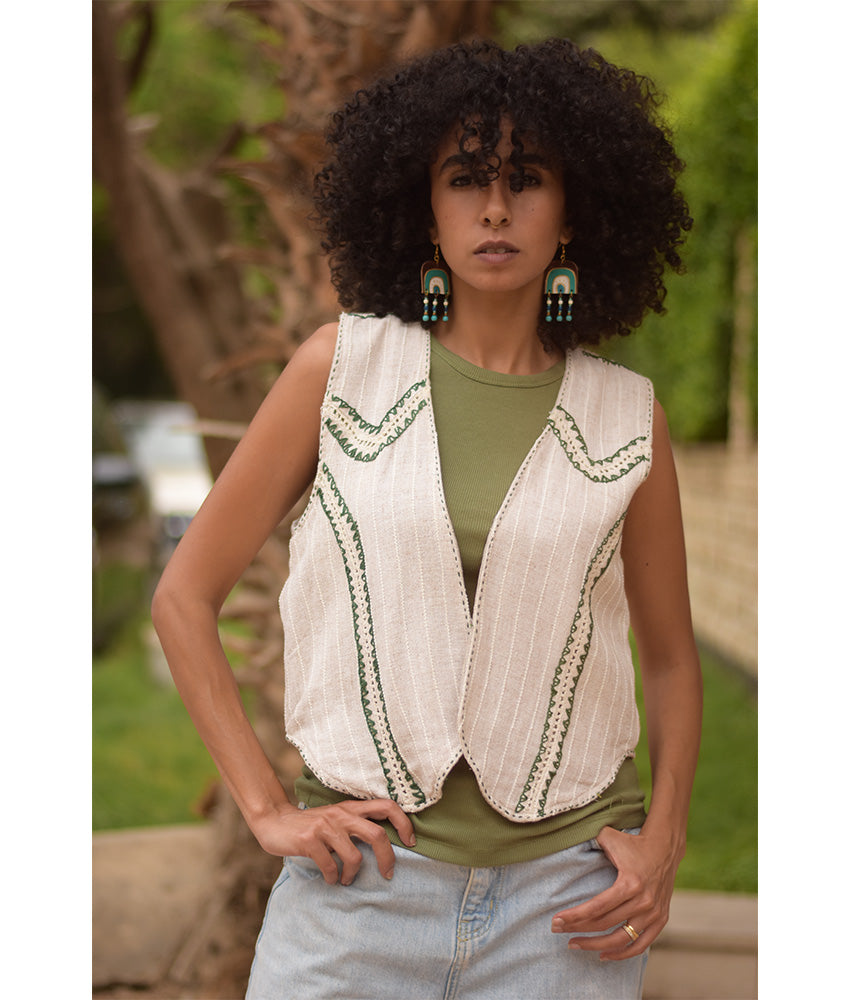 Off White & Olive Green Hand Embroideries Linen Vest handmade in Egypt & available at Jozee Boutique.