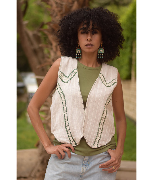 Off White & Olive Green Hand Embroideries Linen Vest handmade in Egypt & available at Jozee Boutique.