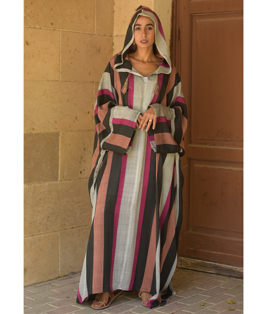 Multicolored Stripped Viscose Kaftan with Hoodie handmade in Egypt & available at Jozee Boutique.