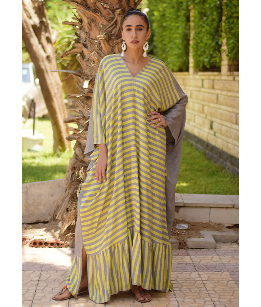 Yellow & Grey Handwoven Ruffle Kaftan handmade in Egypt & available at Jozee boutique