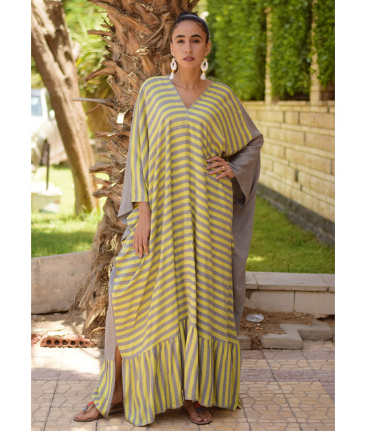 Yellow & Grey Handwoven Ruffle Kaftan handmade in Egypt & available at Jozee boutique